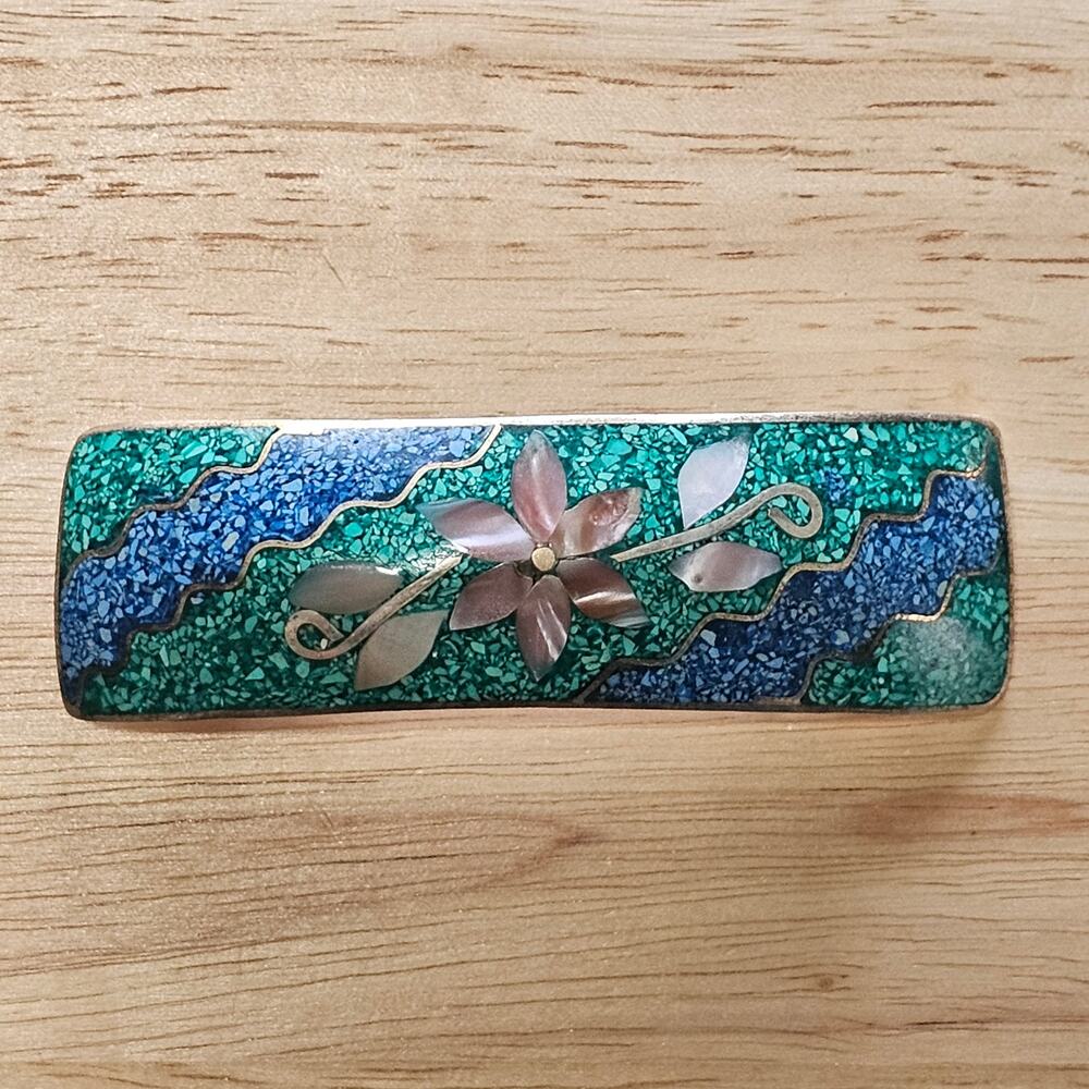Vintage Alpaca Silver Hair Barrette, Abalone and Mother of Pearl Flower
